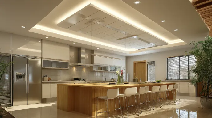 kitchen pop ceiling design with layered pop panels and lighting