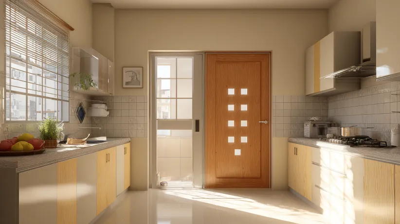 Wooden kitchen panel door with square glass accents design