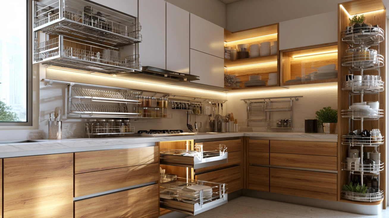 Modern modular kitchen with pull-out racks, pantry storage and organised wall shelves.