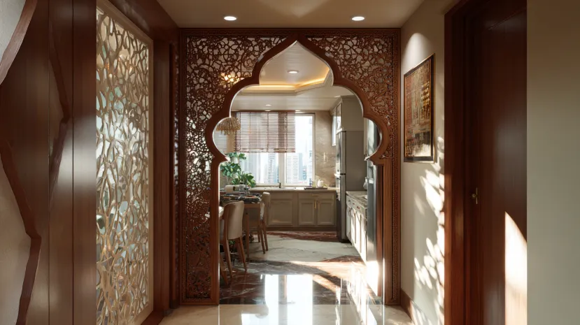 kitchen entrance design with elaborate arch for grandeur