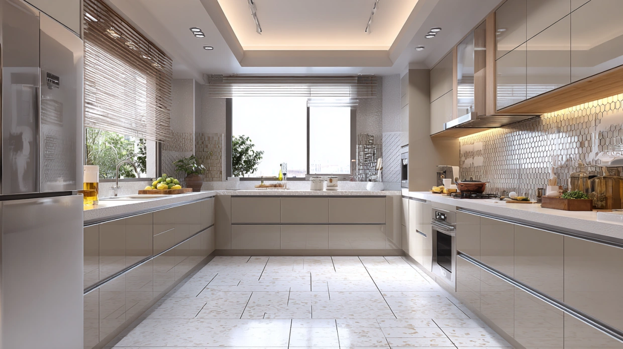 Kitchen with anti-slip vitrified tile flooring