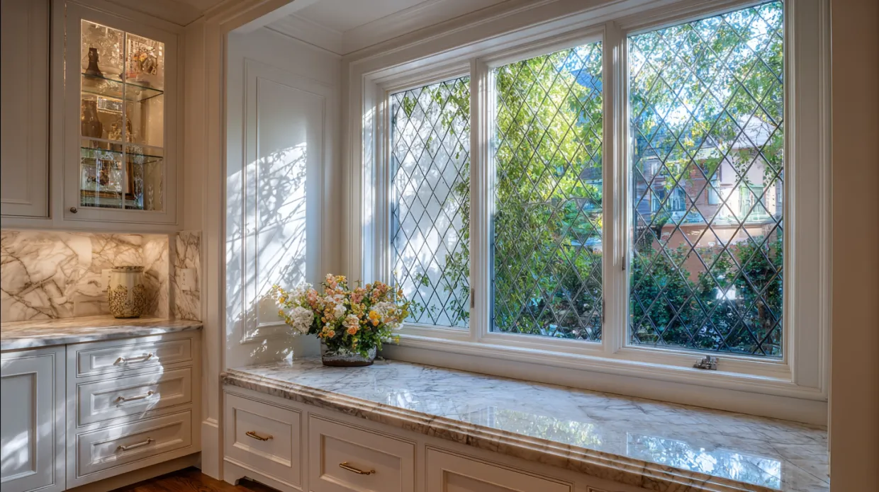 kitchen window with frosted glass panels and wooden frame