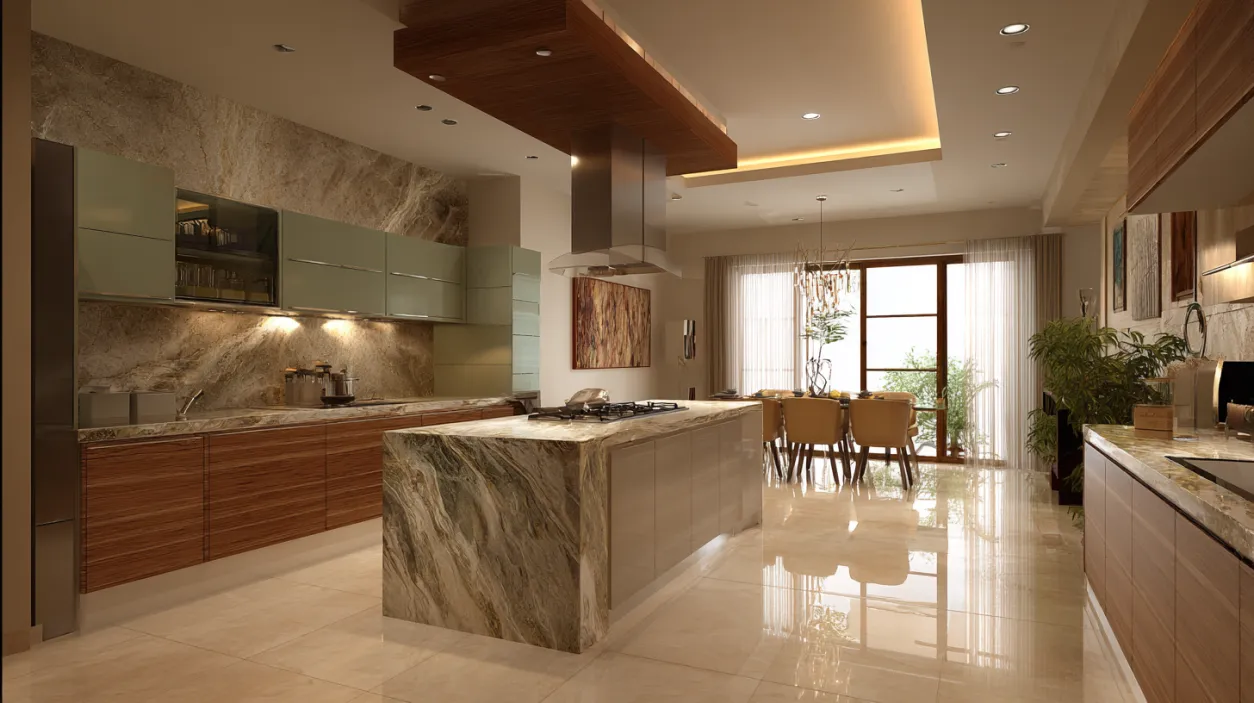 Gourmet kitchen design with a marble island bench