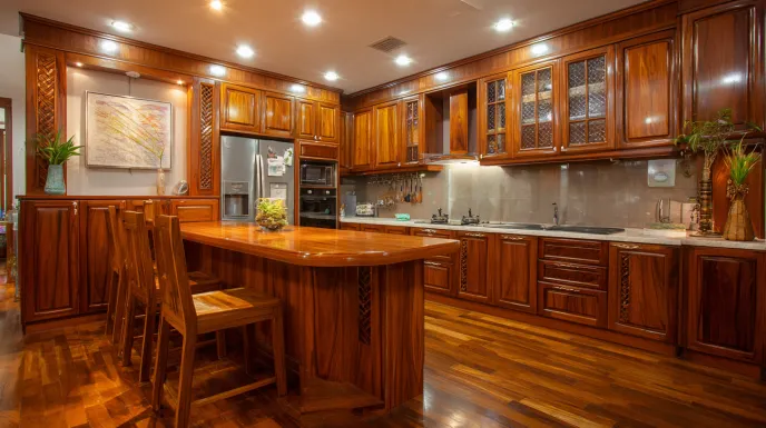 african mahogany indian kitchen design with rich wooden cabinetry