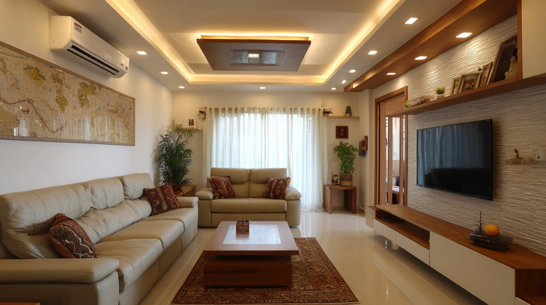 Modern bedroom layout featuring a stylish L shaped ceiling