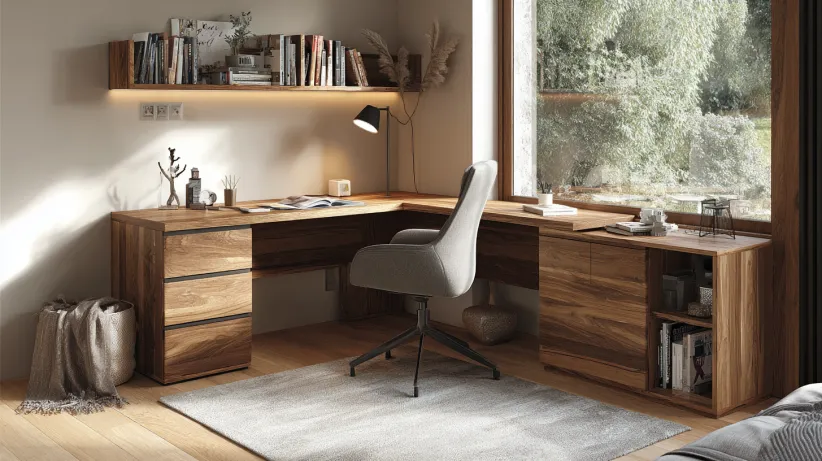 modern l shape study table design with storage, ideal for corner spaces in home offices and student rooms