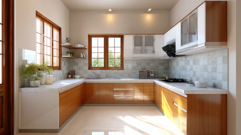 bright corner layout with two windows in a modern l-shaped kitchen