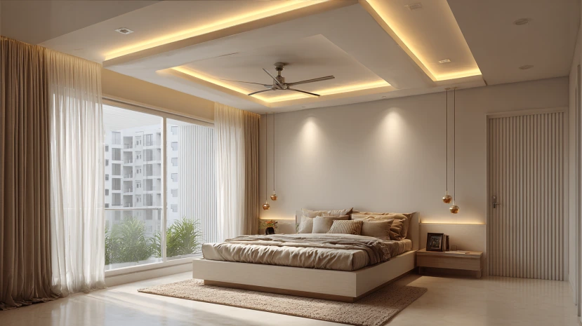 L-shaped minimalist false ceiling design for bedroom with clean lines
