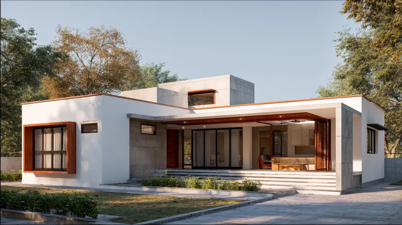 Modern L-shaped white villa with a large open patio and wood trim