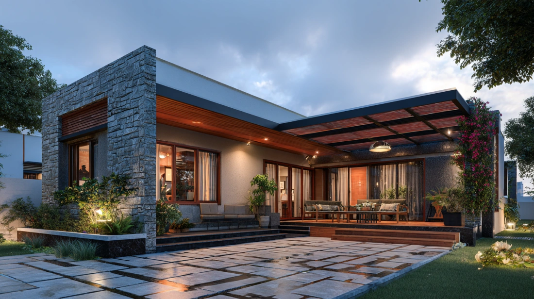 L-shaped house plan with a central courtyard area