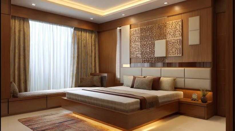 L-shaped wooden wraparound headboard with integrated window seating