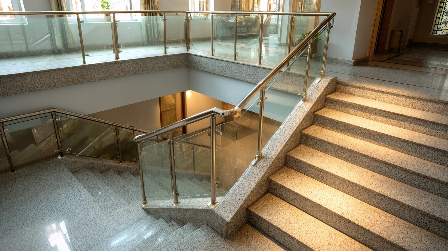 L-shaped granite staircase with transparent glass balustrades and steel railings