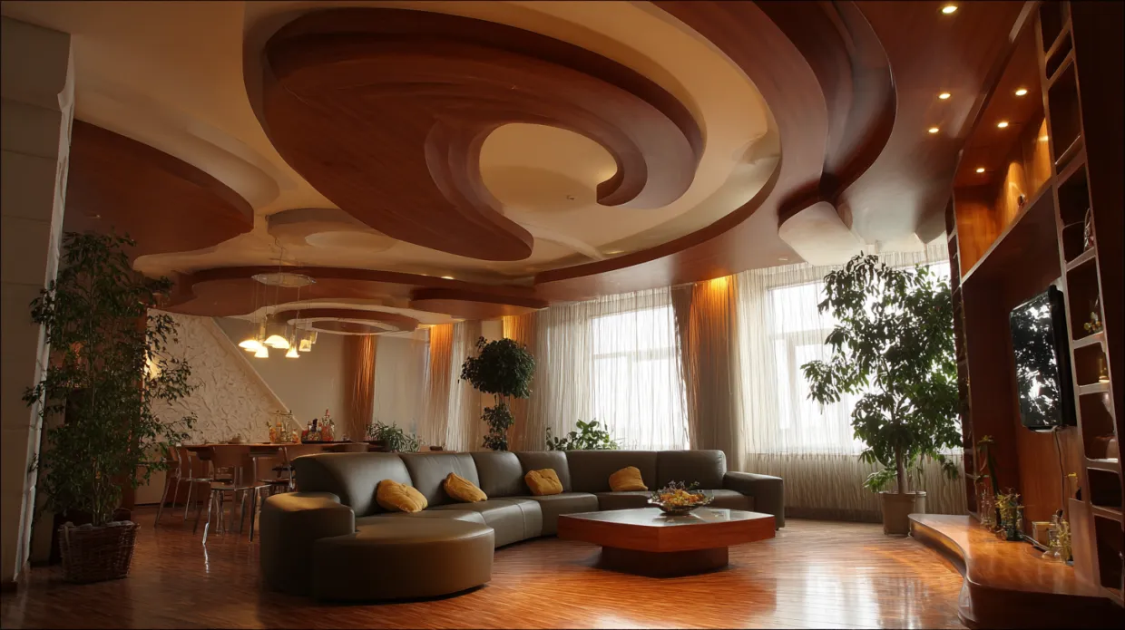l-shaped pop ceiling design with recessed lights