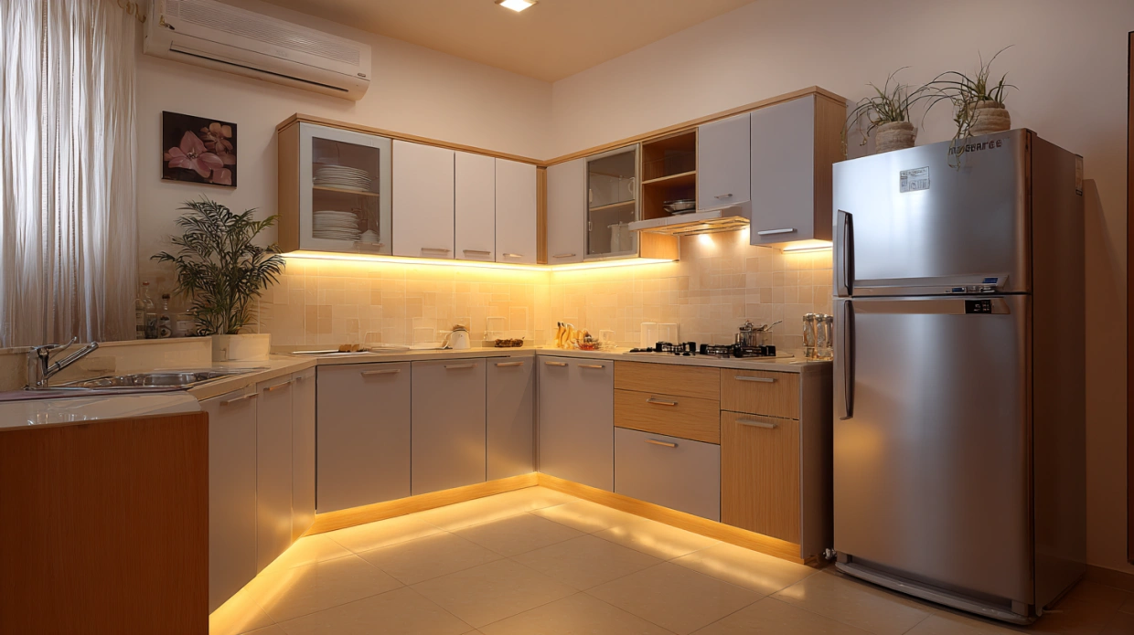 L-shaped modular kitchen with modern cabinets, warm lighting