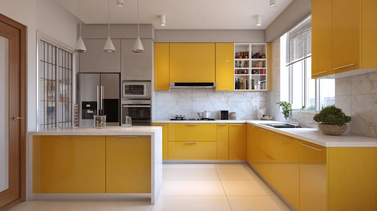Functional L-shape modular kitchen with corner storage units.