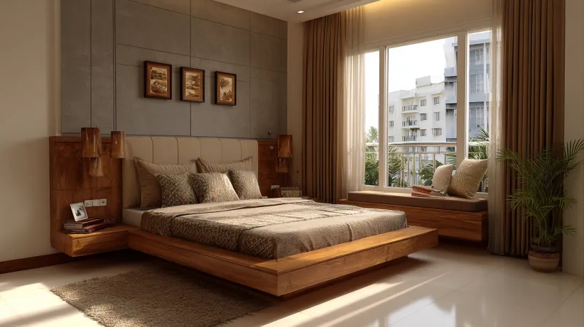 L-shaped wooden platform bed with floating nightstands and window seat