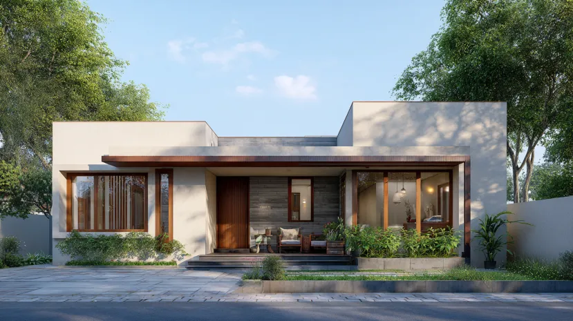 L-shaped stone village single-floor home front design
