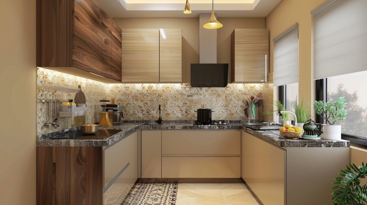 Indian L-shaped modular kitchen with corner layout and smart storage