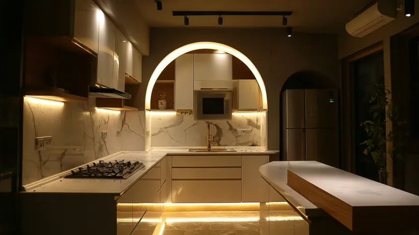 Modern kitchen with a glowing LED-backlit arch over the sink
