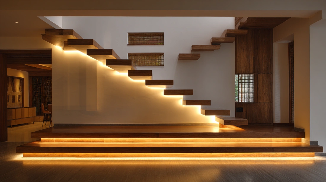 Bright white LED panels illuminating a minimalist staircase
