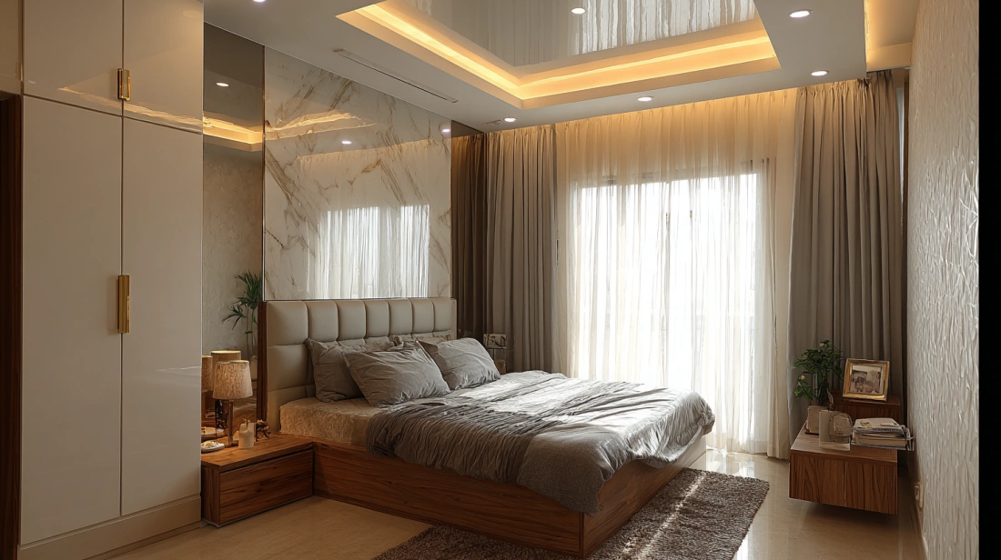 Minimalist bedroom utilizing bright square integrated light panels