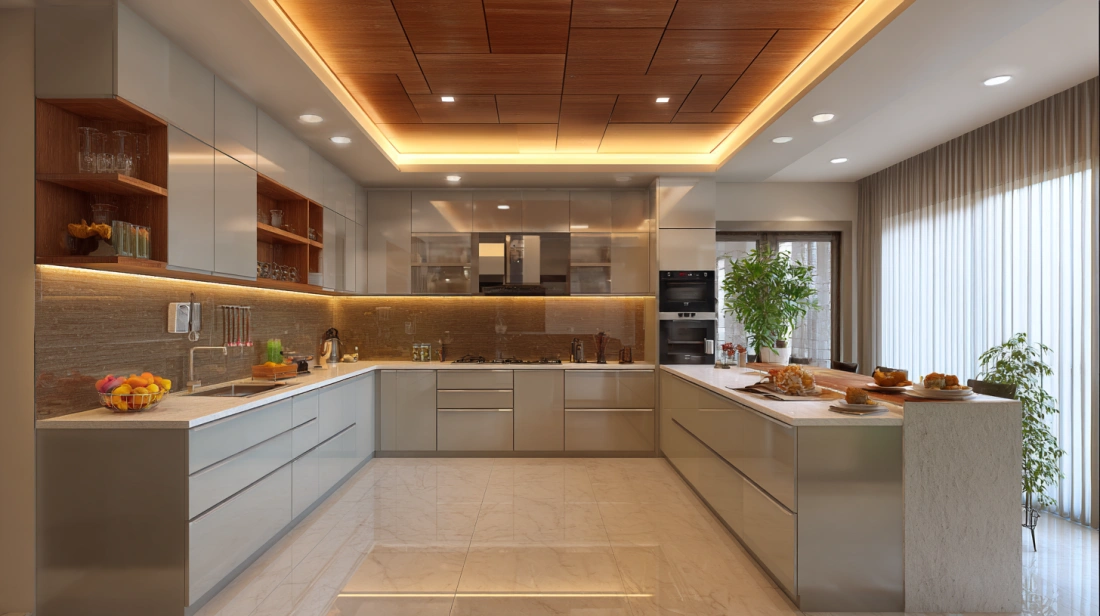 Bright LED recessed spotlights installed in a kitchen ceiling