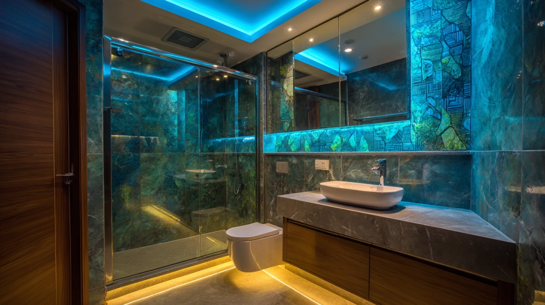 Bathroom ceiling with vibrant, color-changing LED strip lighting