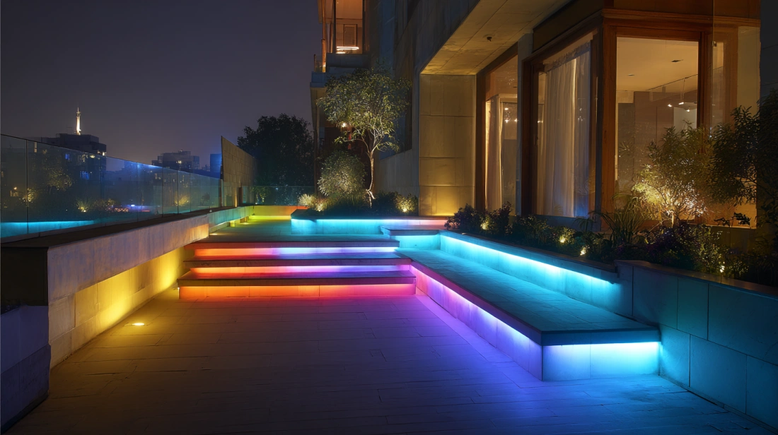 LED strip lights outlining terrace edges and railing