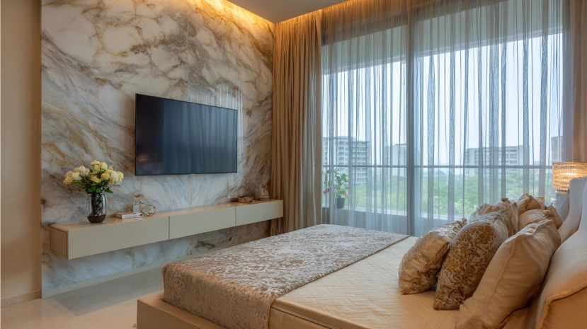 LED tv panel design for bedroom with hidden storage units