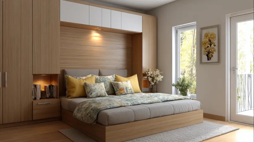 Wood laminate bed back with integrated overhead storage cabinets