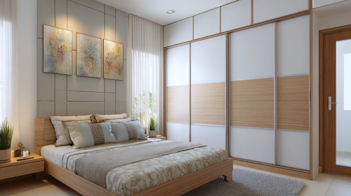Colour-blocked wardrobe partition in bedroom