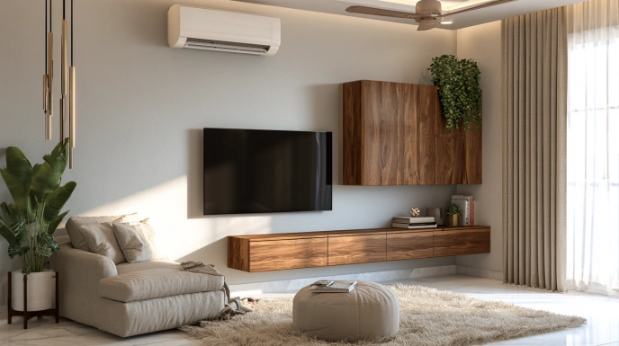 Wood laminate TV unit in a contemporary living room