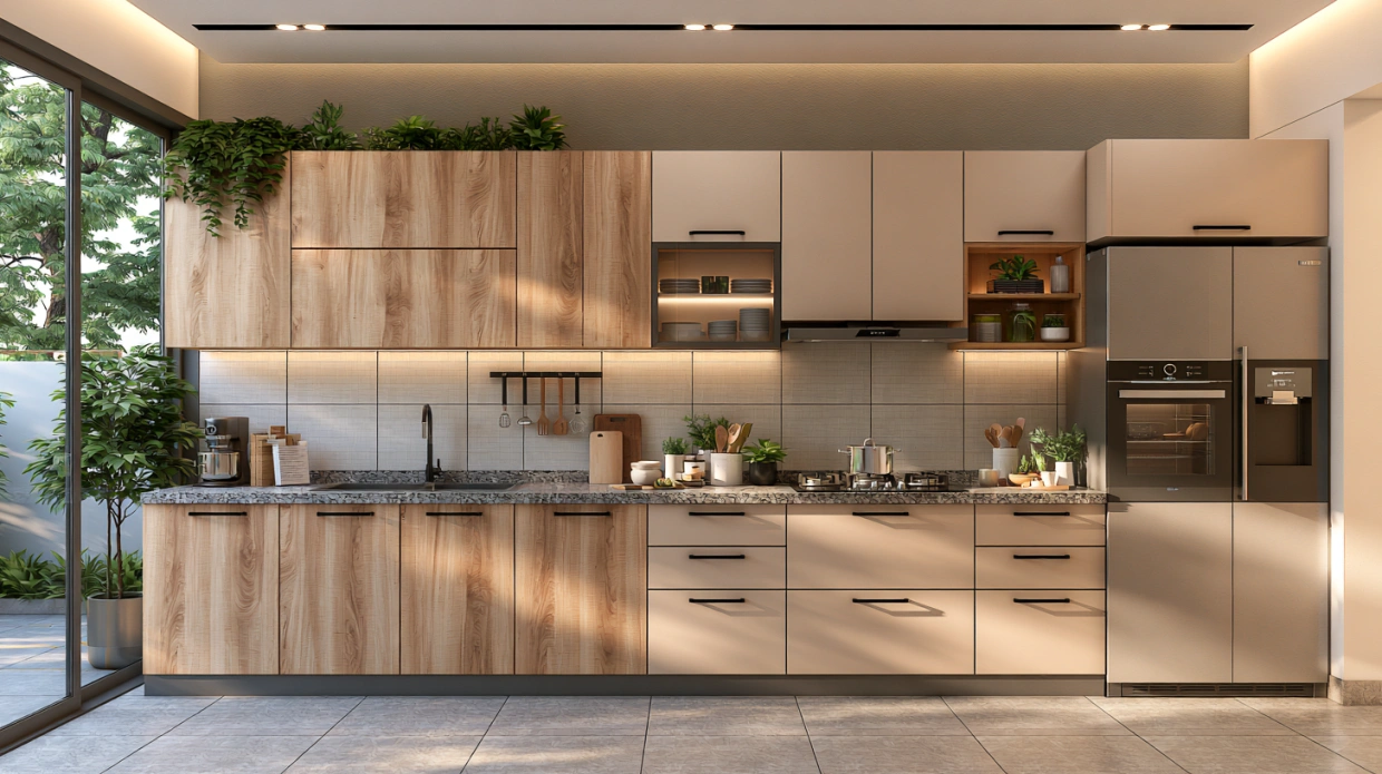 Modern laminate kitchen cabinets with a textured wood-grain finish.