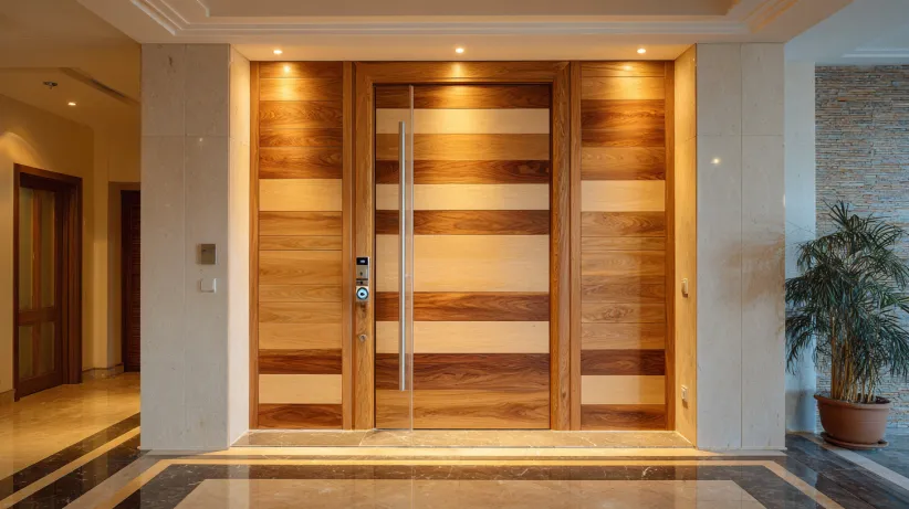 Wide laminated wooden main door panel door design