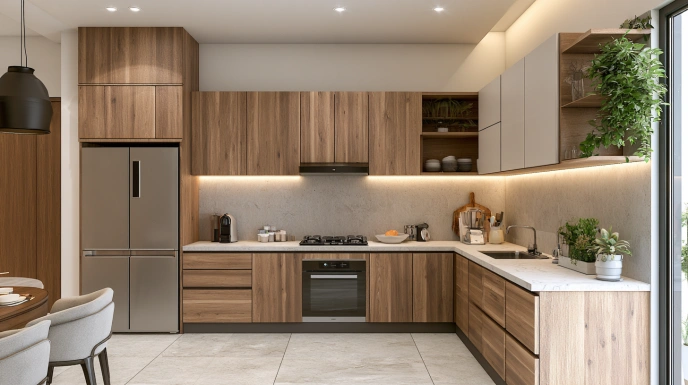 Laminate modular kitchen with wood-grain cabinets