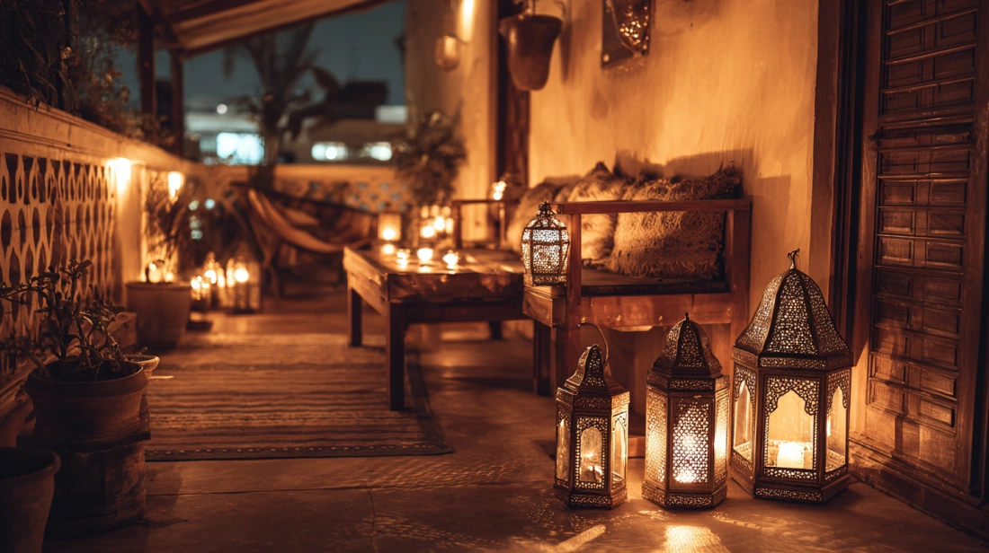 Rustic lanterns glowing on cozy terrace corners