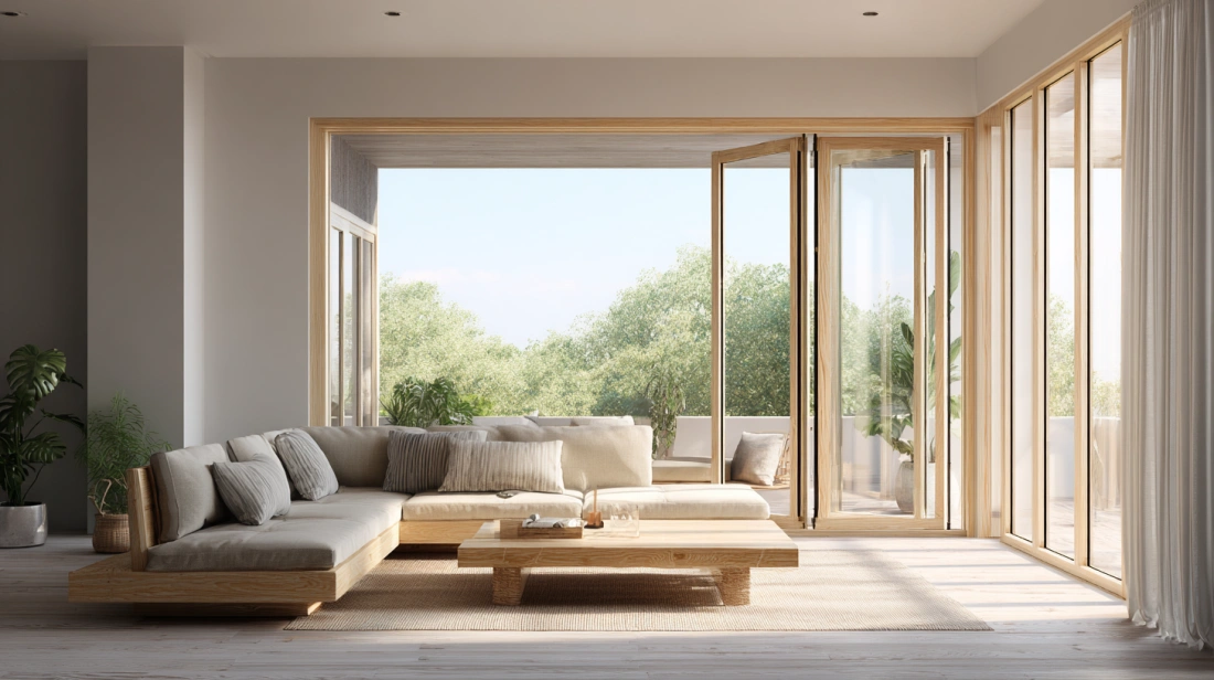 Full height folding glass doors in bright Scandinavian room