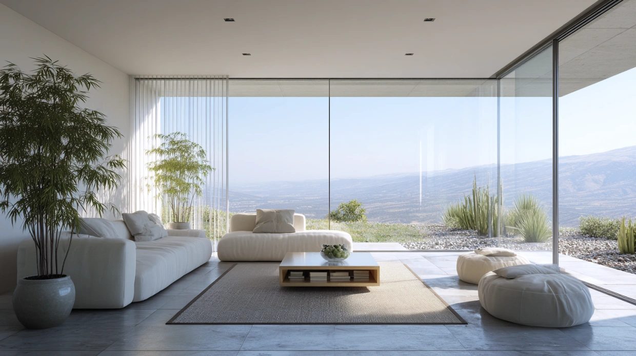 Living room with large glass sliding window