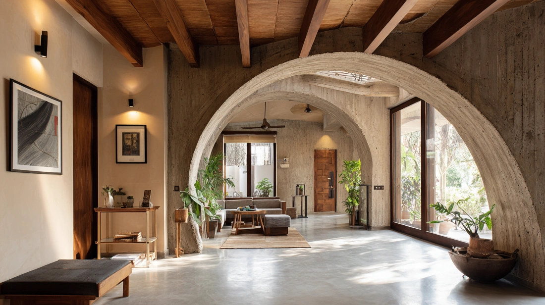 Large, raw concrete Roman arches in a spacious living room