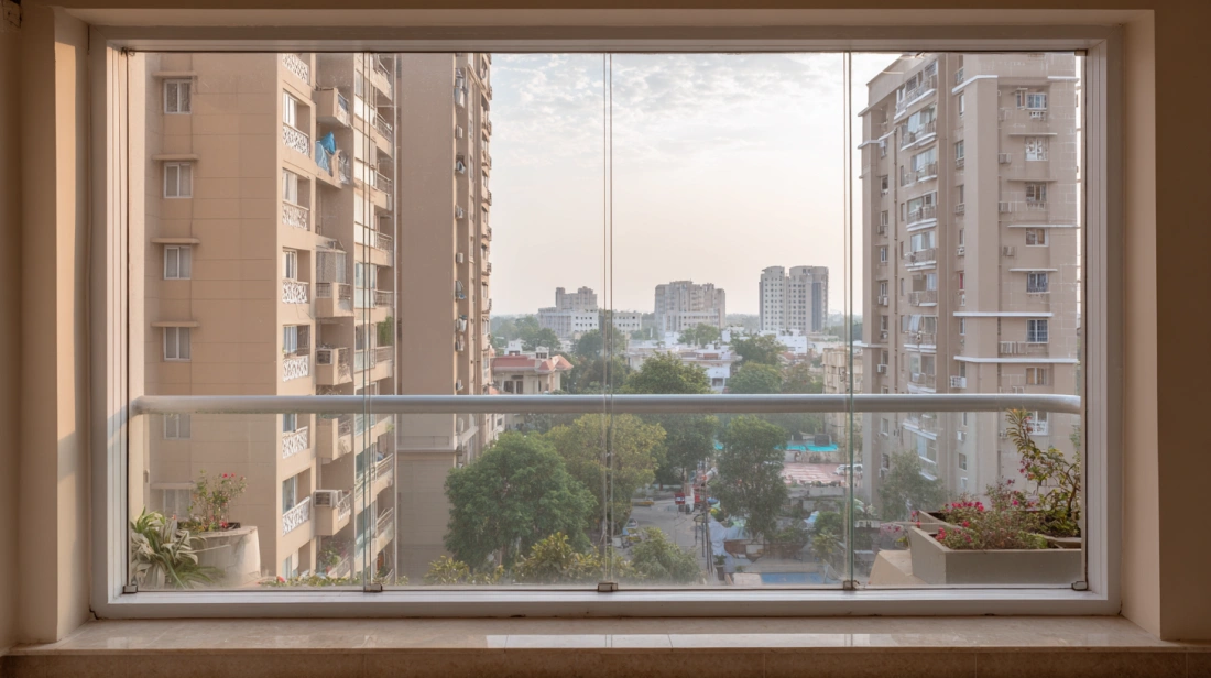 Wide scenic window frame overlooking a city landscape