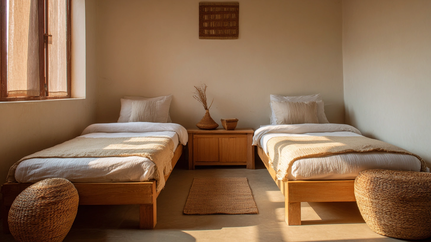 Two wooden beds in small rustic modern bedroom