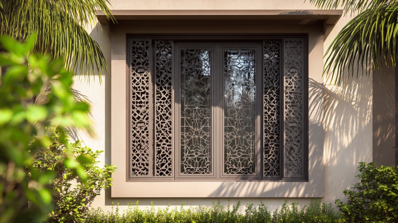 laser-cut pattern featured in a modern iron window grill design