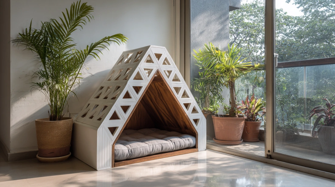 White dog house with ventilated cut patterns indoors