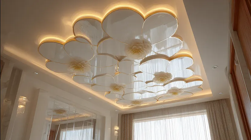 Modern glossy floral POP ceiling with mirror finish accents