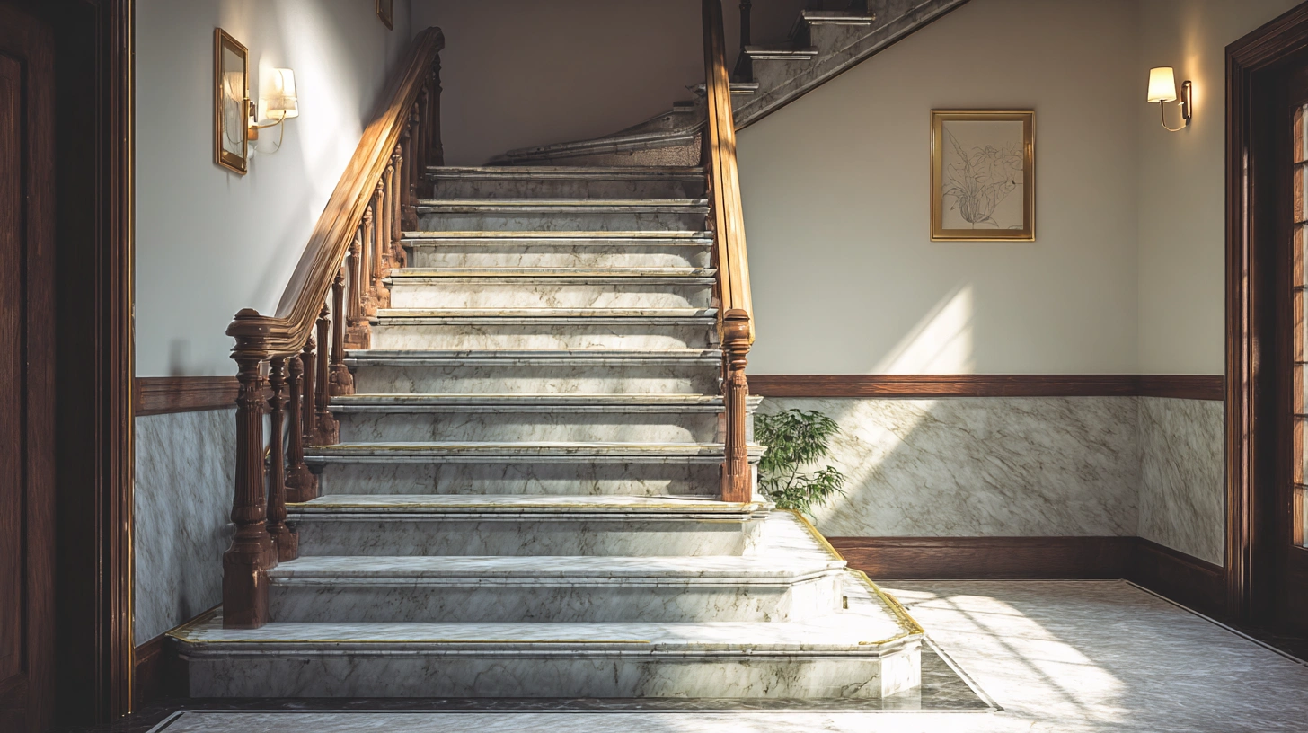 Luxury marble-patterned granite staircase with ornate wooden banisters and brass accents