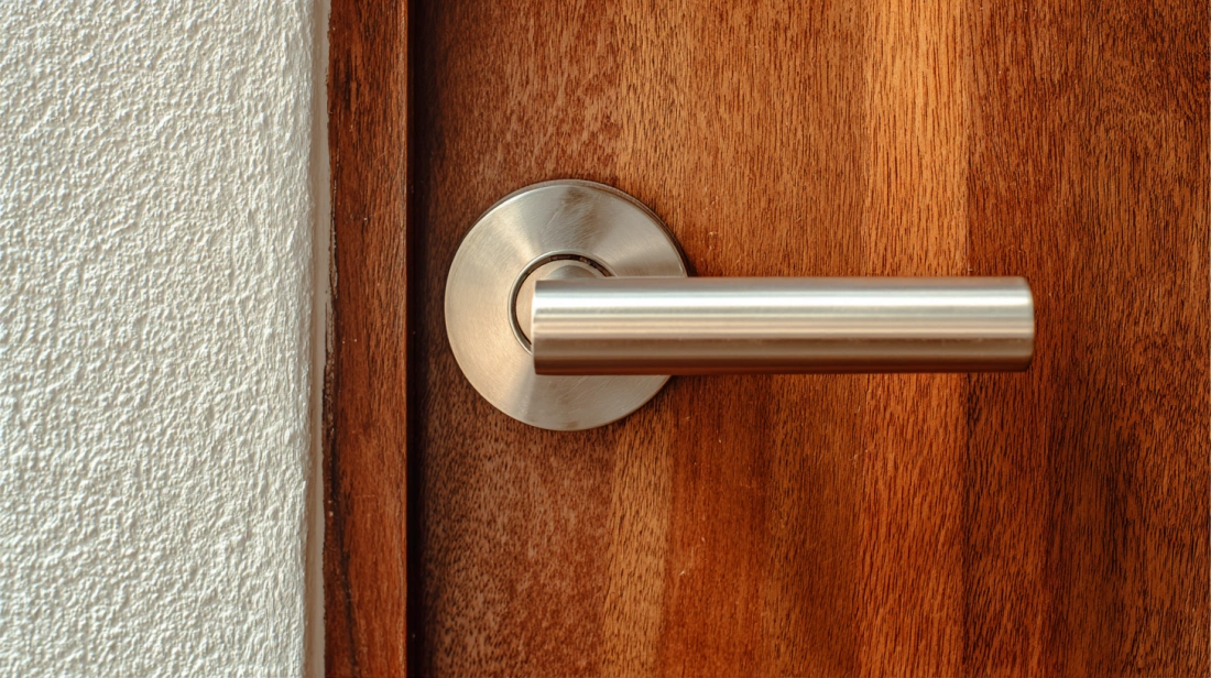 Sleek steel handle on modern wooden door