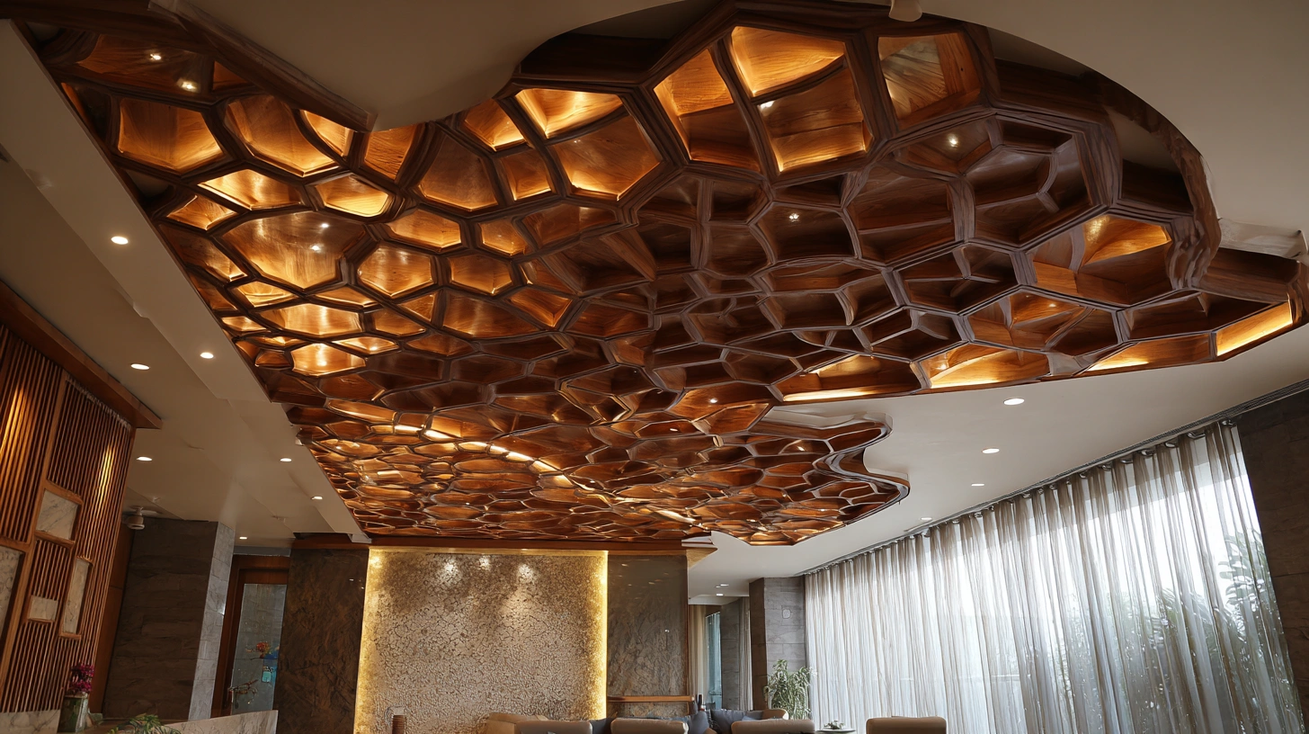 Ceiling featuring a geometric honeycomb lattice POP pattern