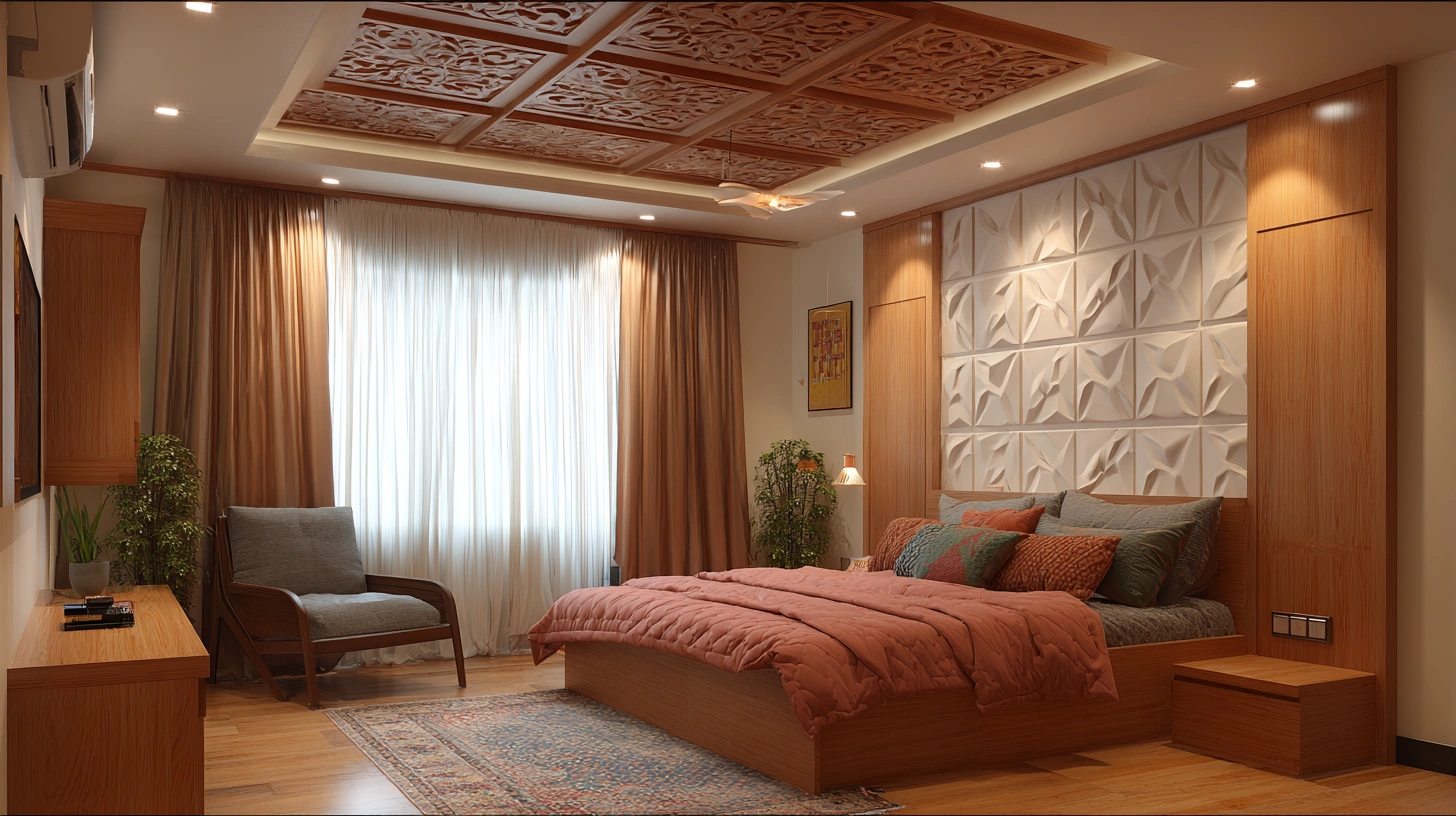Lattice pattern PVC ceiling with spotlights in bedroom
