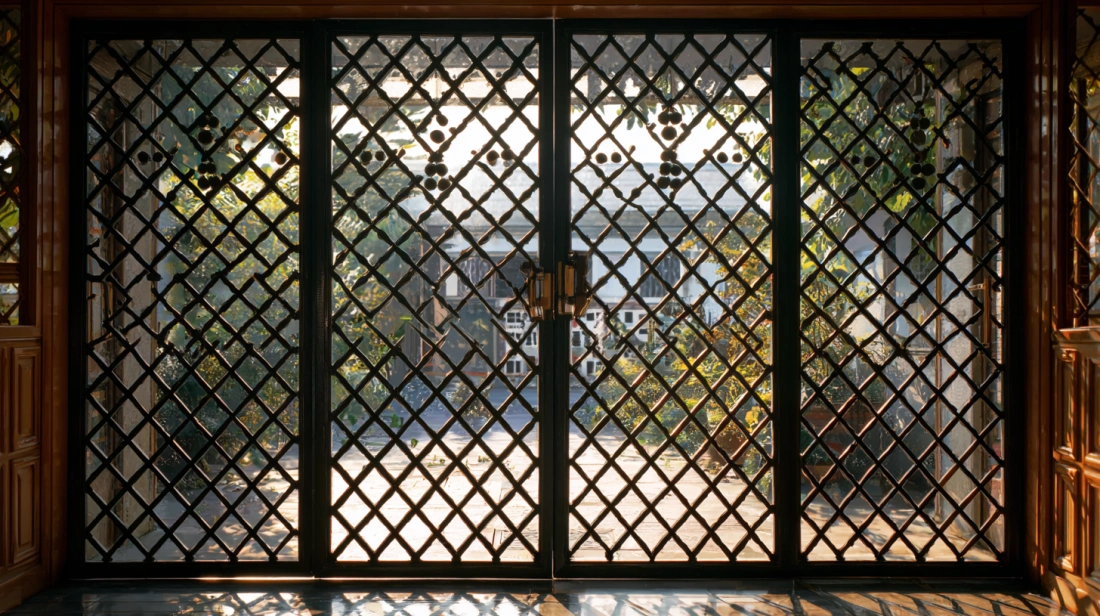 Black iron gate with a classic diagonal cross-hatch lattice pattern
