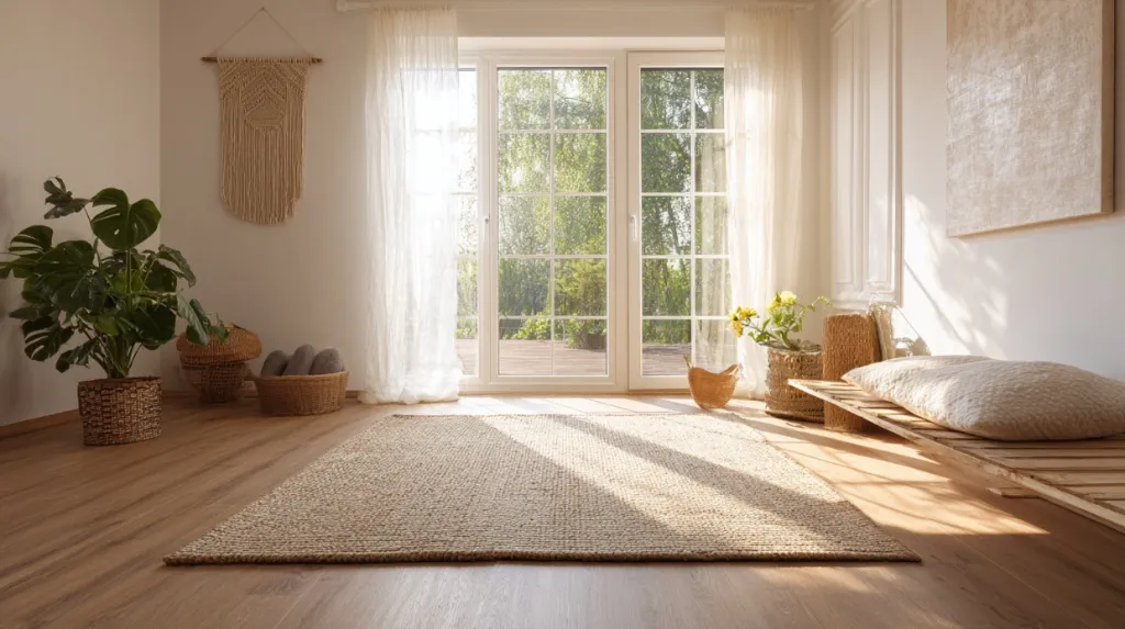 sunny minimal yoga/meditation room with large window and jute rug; not room soundproof